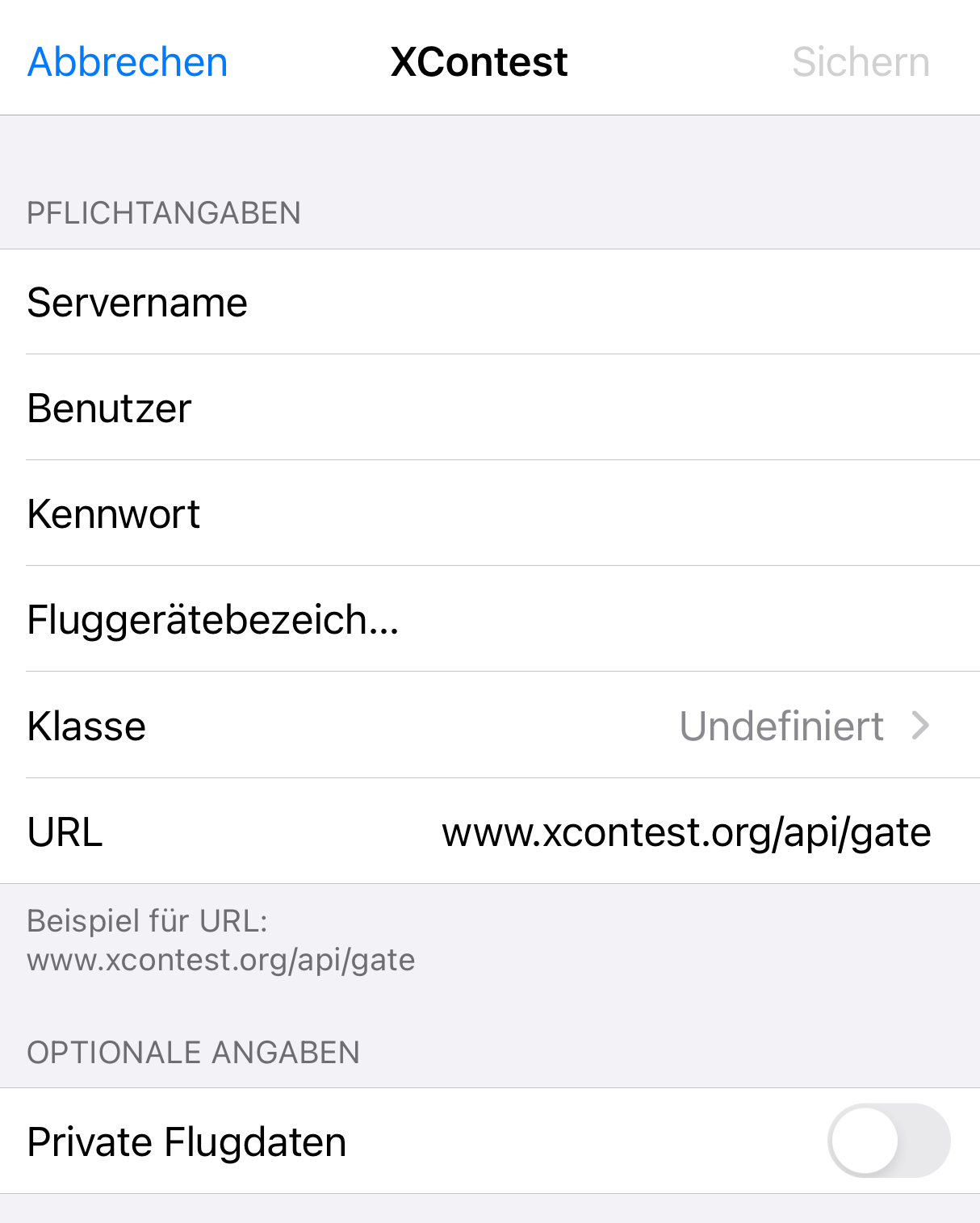 XContest-Server-Einstellungen